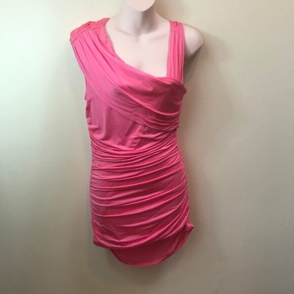 Bebe NEW Hot Pink Ruched Draped Tank Top Silky Stretch Bodycon Slimming Tank - Picture 2 of 11